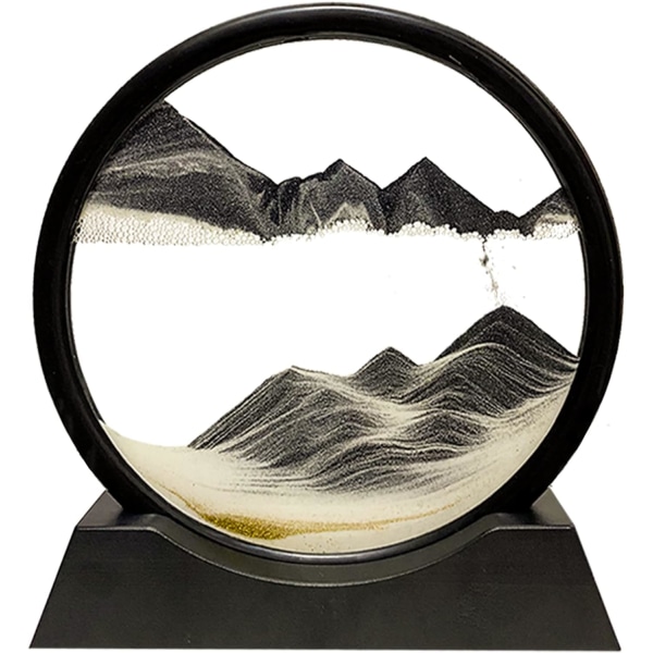 Dynamisk sandbild - 3D-målning av flytande sand, rund glas timglasram Quicksand, rörlig sandkonstbild för inredning i hemmet (svart, 7 tum)
