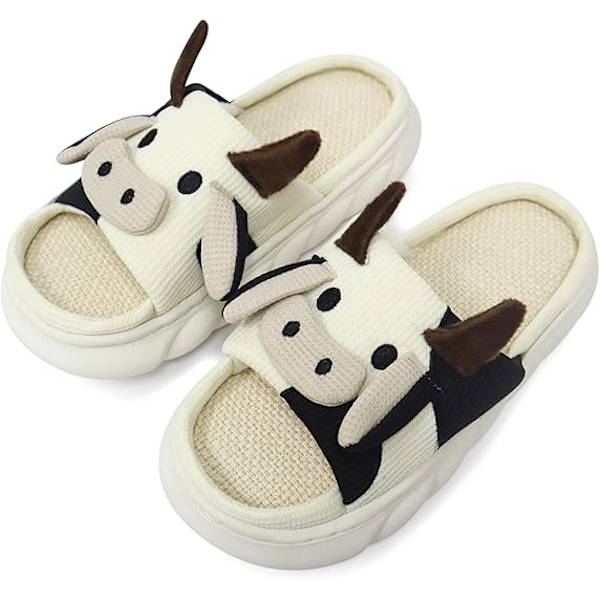Søde ko-slippers til kvinder - tegneserie indendørs udendørs mand bomuld hus fuzzy komfortable sandaler