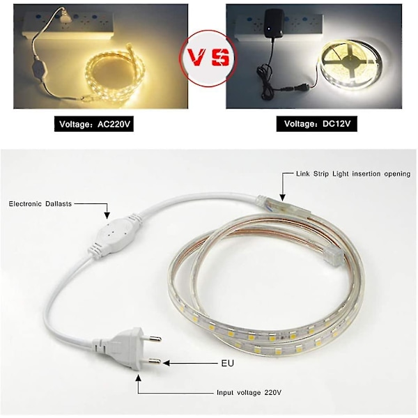 LED-nauha, Vedenkestävä LED-nauha, Loistava LED-nauha 220v, 5050 Ip65 Vedenkestävä LED-nauha, Lämmin valkoinen (6m)