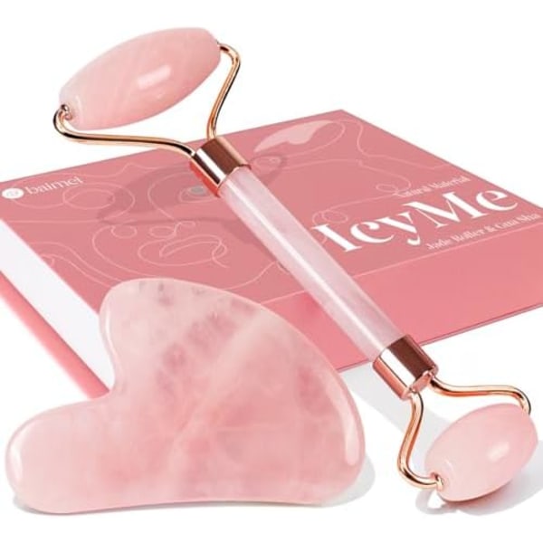Gua Sha Sett i Rose Quartz - Ansiktsmassasje for Rynker & Muskelspenninger Pink -