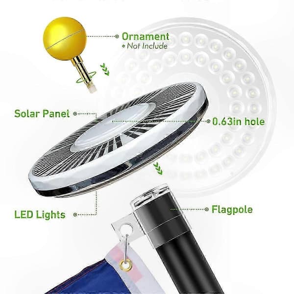 Flaggstangslys Solcelledrevet Spotlight Utendørs, 48 LED Vanntett Solcelle Flaggstangslys, Toppmontert Flaggstangs Solcellelys