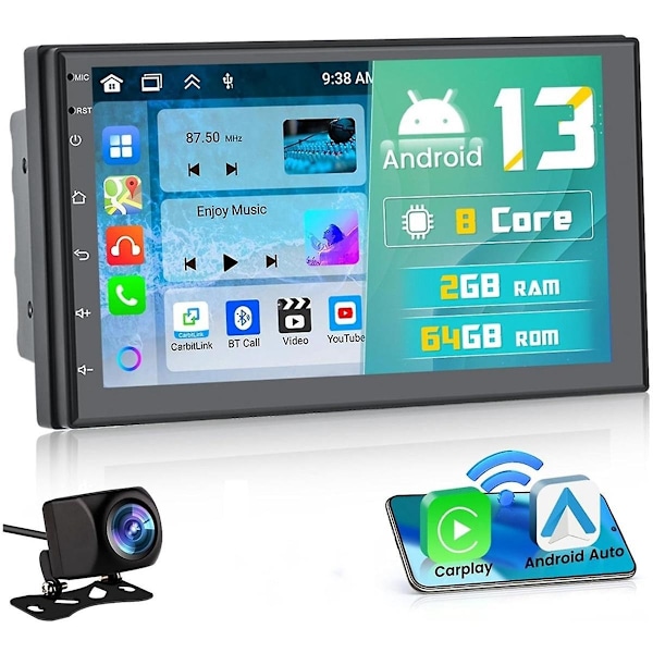 2+64G Android 13 Dobbel Din Bilstereo med Trådløs Carplay, 7 Tommers Berøringsskjerm Android Auto Bilradio GPS WiFi Kamera-WELLNGS