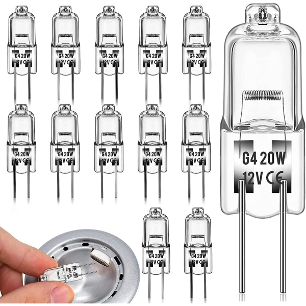 20 stk. G4 halogenpærer 20W 12V, halogenpærer lampepære halogen 2 stift base varm hvid dæmpbar