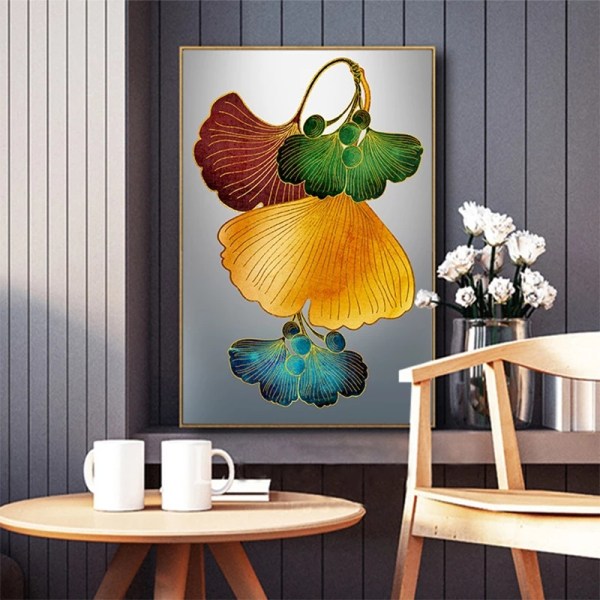 Sæt med 3 plakater til vægkunst, Ginkgo Line Gold Leaf Art Painting Print