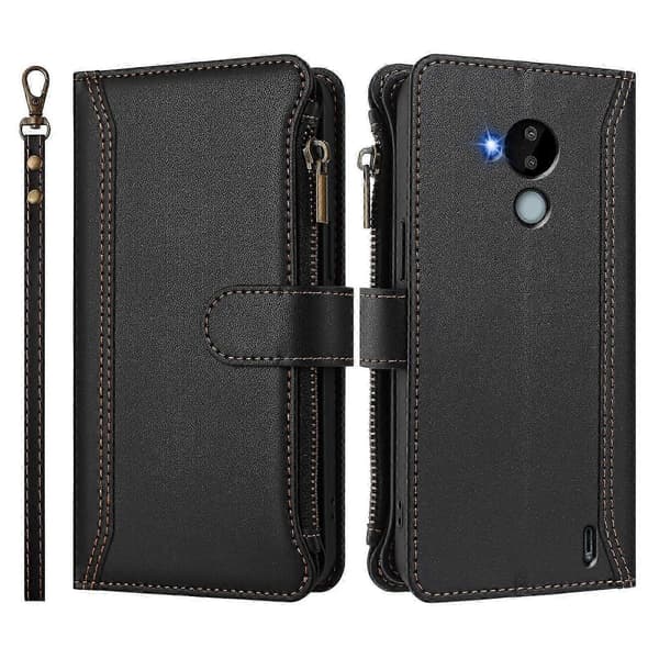 Magnetiskt Läderplånboksfodral med 9 Kortfack, Blixtlåsficka och Handrem för Säker Förvaring For Nokia C30