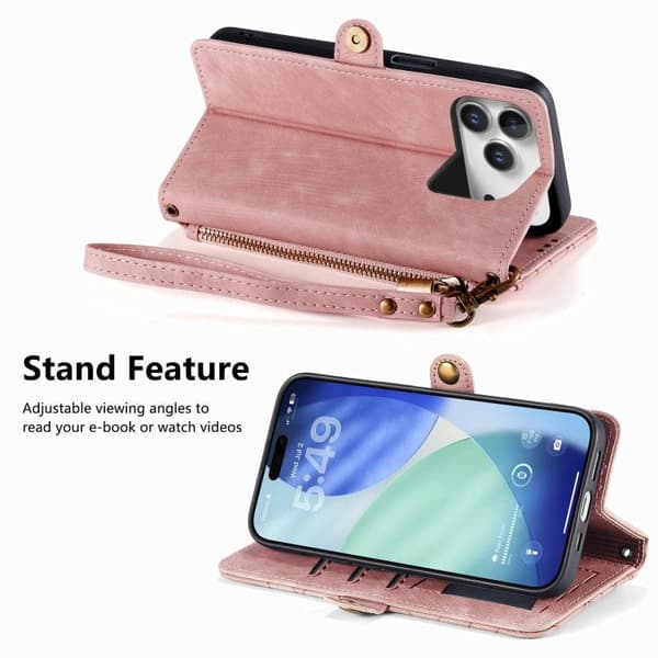 iPhone 17 Pro Max Skal läderfodral med geometrisk dragkedja och sidobuckle Rosa