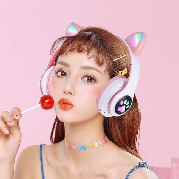 Bluetooth headset, børneheadset med katteører, sammenfoldelig, med LED-lys, pink F