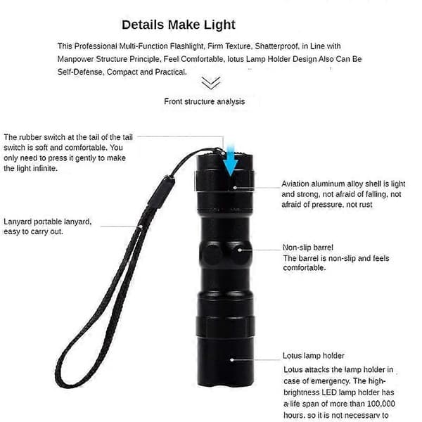 3W LED Mini lommelygte Lys Fakkel Lampe med rem (sort)
