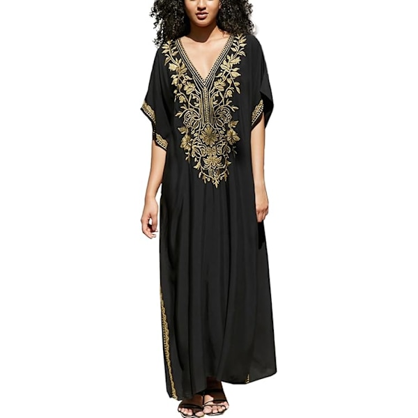 YouKD Blomsterbrodert Kaftan, Bohemsk Strandkjole, Bikini Coverup, Lang Strandkaftan for Kvinner