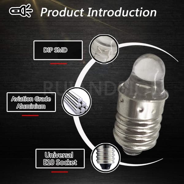 6 kpl E10 LED-lamppu 3V 6000K valkoinen taskulampulle