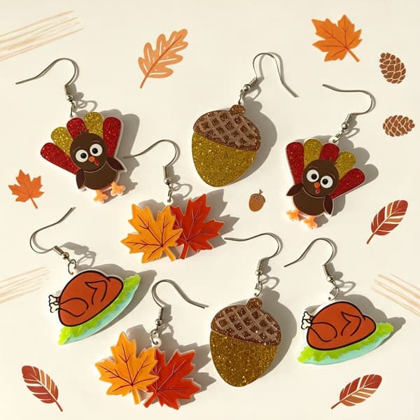 Thanksgiving Akryløreringe, Søde Tegneserie Kalkun Ahornblad Grankogle Dingle Pine cones