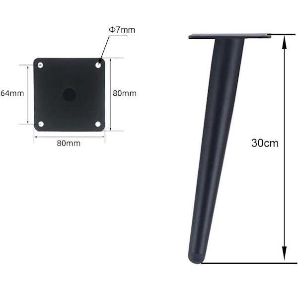 Set med 4 Snedda Bordben - Snedda Koniska 30cm, Svart, Metalliska Skåpsben, Koniska Möbelben, Tysta Ersättningsben för Soffa, Bord och