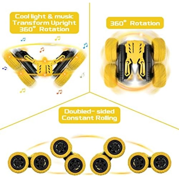 Highttoy RC Stuntbil 4WD 360° Flip - Musikk/Lys, 2 Batterier for Barn 3-12 År (Gul) GUL -