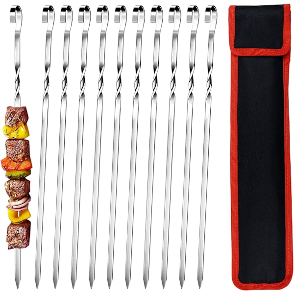 Sett med 10 grillspyd i rustfritt stål for grilling, flate metallspyd 38 cm, med bærbar oppbevaringspose