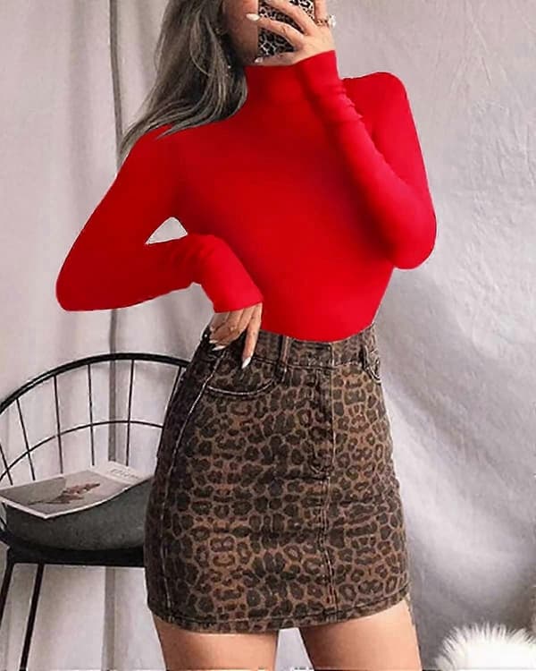 Langermet høyhalset bodysuit for kvinner Jumpsuit-topp Red Medium