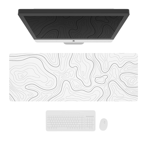 Stor Gaming Musmatta med Sydda Kanter, Minimalistisk Topografisk Kartskrivbordsmatta, Förlängd XL Musmatta med Halkfri Bas, 80 x 30 cm, Vit