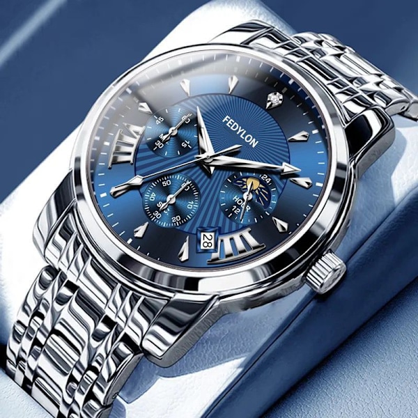Fotillon Sveitsisk original helautomatisk ikke-mekanisk klokke hul klokke menn vanntett lysende kalender business klokke 【400 diamonds】Silver blue face