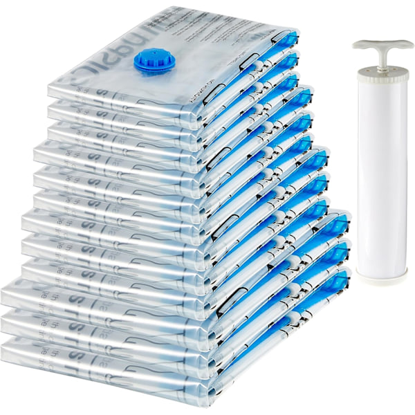 Basics vakuumpåse för kläder med lufttät ventil och handpump – flera, 3 x jumbo, 3 x stora, 3 x medelstora, 3 x små, 12-pack, dragkedja 12 pack(multiple) size