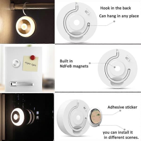 LED-bevegelsessensorlys med skjult krok, selvklebende puter og magnet