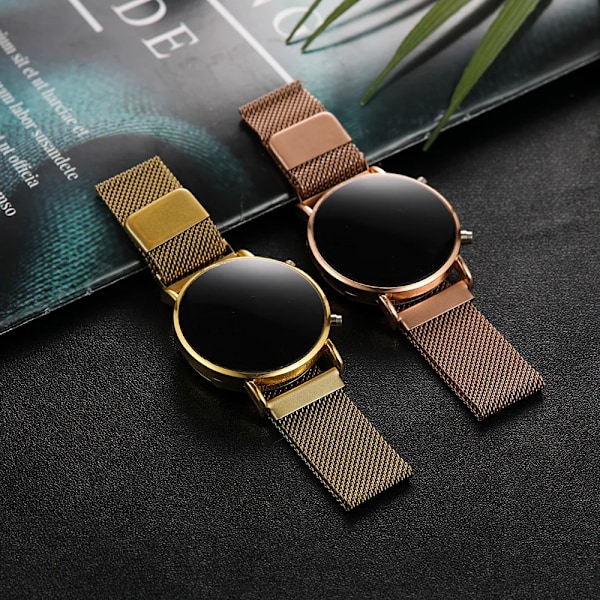 Lyxiga Roséguld Digitala Röda LED-urtavla Klockor För Kvinnor Rostfritt Stål Armband Quartz Klocka Dam Magnetisk Klocka golden