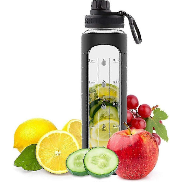 946 ml lasinen vesipullo aikanäytöllä, 1 litran lasinen juomapullo, BPA-vapaa, (musta) (FQ)
