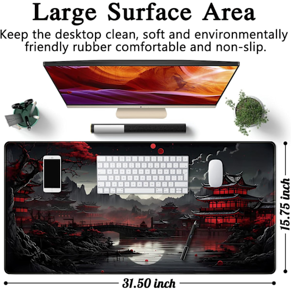 Japansk Skrivebordsmåtte Fuld Måne Skrivebordsunderlag Sort Rød 80 x 40 cm Musemåtte Gaming Musemåtte Udvidet Tastaturmåtte Laptop Com