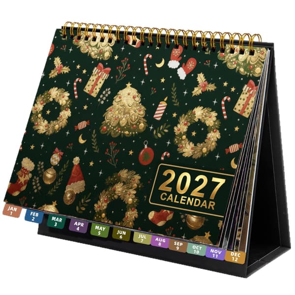 2027 Engelsk Skrivebordskalender med Vanesporing, Månedlig Planlegger, Nedtelling, Gullfolie Marble
