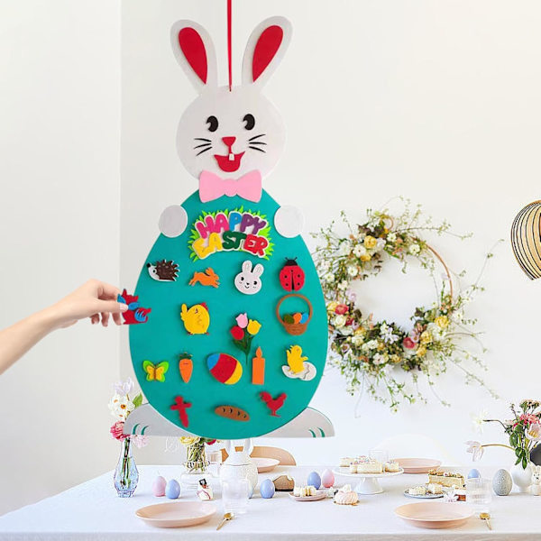 Pääsiäisen DIY Huopapupu-setti taaperoille, 94 cm roikkuva pupu huopatyösetti, jossa tipu, siili, perhonen, kukkia, risti, 17 irrotettavaa osaa