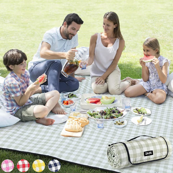 Ekstra stort picnic-udendørstæppe, 203 x 152 cm vandtæt foldbart tæppe gingham picnicmåtte til strand, camping græsplæne park (grøn hvid)