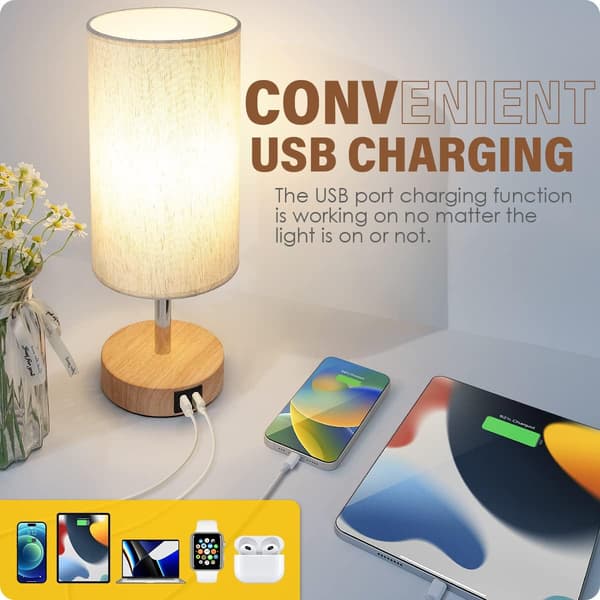 Sängbordlampa med USB-port - Touch-kontroll för sovrum, trä, 3-vägs dimbar