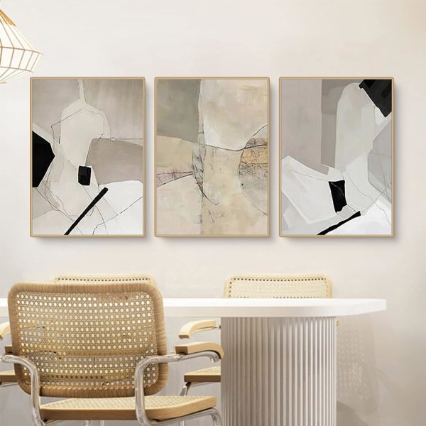 3 murals, abstract geometric black and white lines