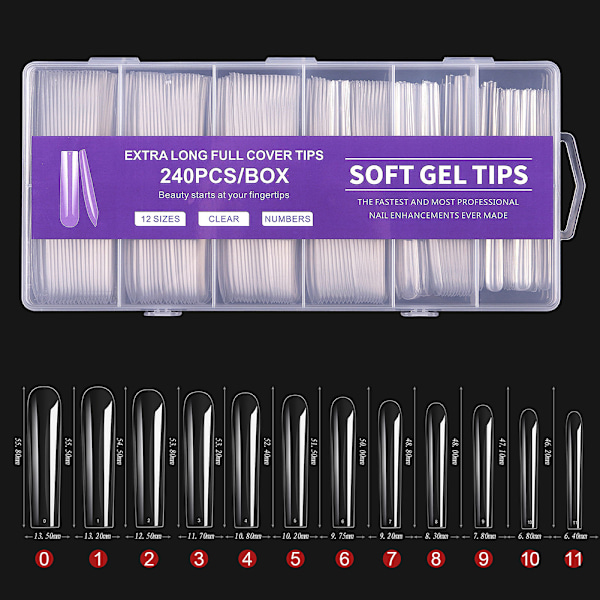 240 stk Ekstra Lange Negletips Klar Falske Negle Negletips med Æske Gel Negle Akryl Negle til Saloner og DIY Neglekunst Hjemme Blue (Straight)