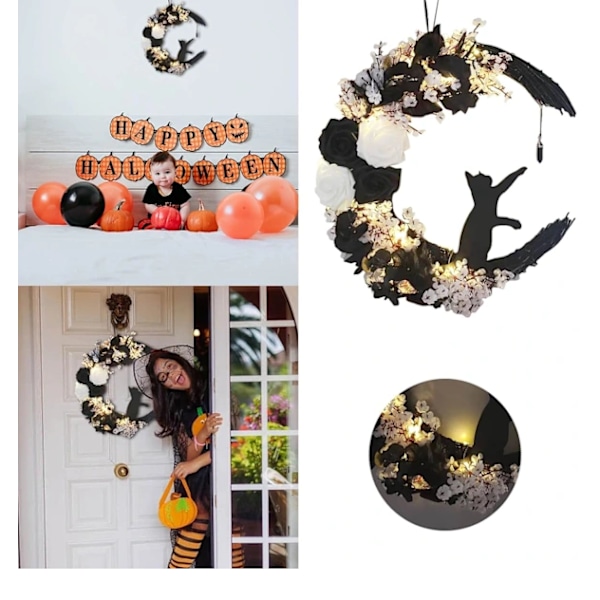 Halloween dørkrans med lys, blomstermånekrans med sort kat Halloween dekoration