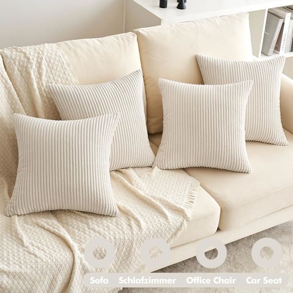 Kuddfodral 4-pack 45 x 45 cm för soffa, manchestervar, supermjuk, randig manchestervar, modern dekoration
