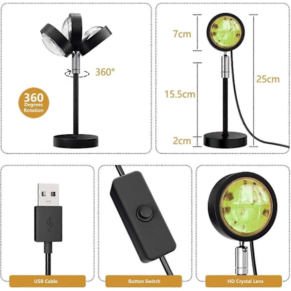 Solnedgångslampa Projektionsspotlight med Fjärrkontroll RGB 16 Färger, 360 Graders Rotation