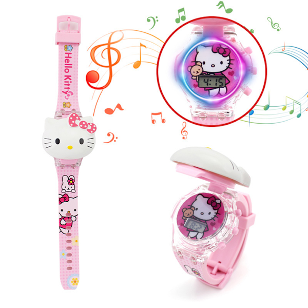 Lasten piirretty kääntyvä musiikkikello, vilkkuvat valot Smart Watch Sport Hello Kitty