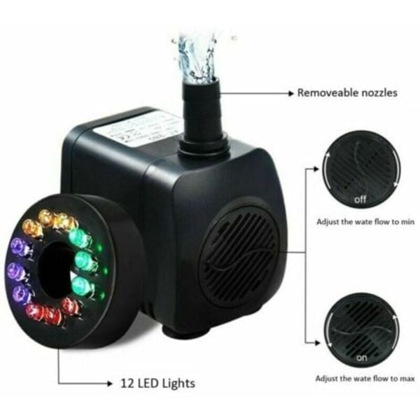 Ulisem 15W suihkulähdepumppu, 800L/h virtaus, 12 sisäänrakennetulla LED-valolla, ihanteellinen lampiin ja puutarhoihin..ca