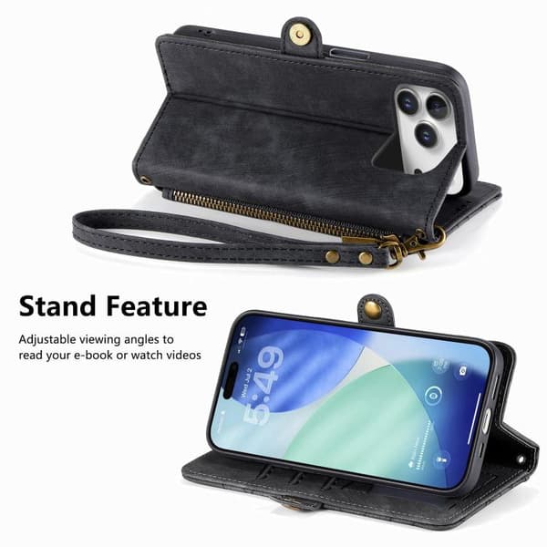 iPhone 17 Pro Max Skal läderfodral med geometrisk dragkedja och sidobuckle Svart