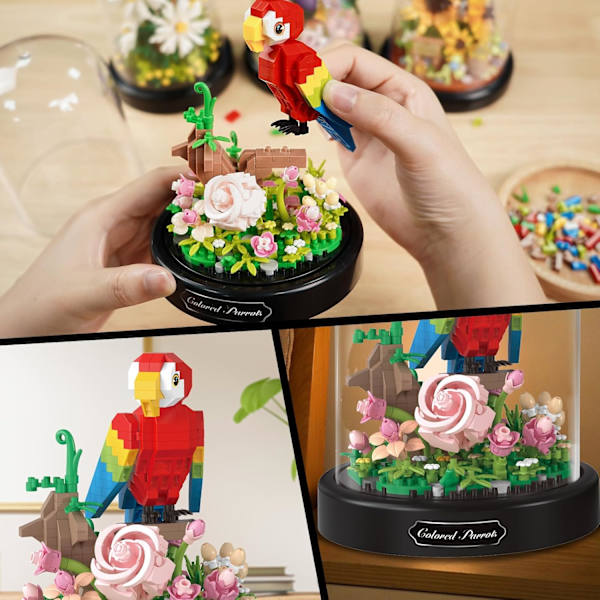 Blomsterbuket Byggesæt til Voksne, Dyr Blomster 551 PCS Botanisk Samling Mini Byggeklodser Sæt, Valentinsdag til Hende Mor (Papegøje)
