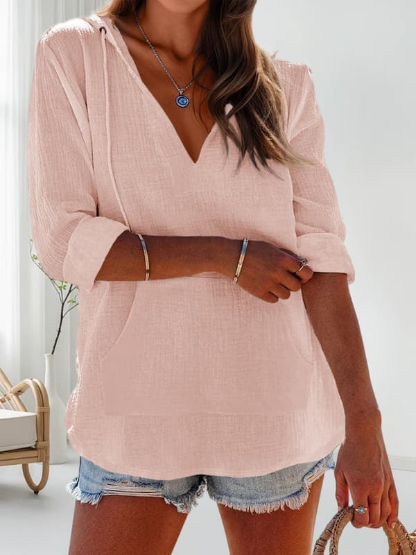 Dame strandovertrekksgenser - Langermet V-hals hettegenser med lommer M Rosa