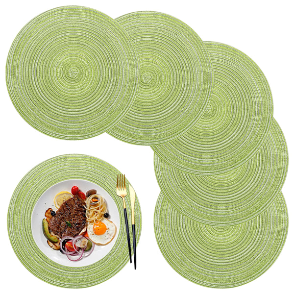 Sæt med 6 dækkeservietter, runde dækkeservietter i PP-flet, 36 cm (grøn)
