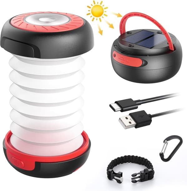 LED Campinglampe, sammenleggbar solcelle campinglanterne, Powerbank med 2 lademetoder (solcelle/USB) og 3 lysmoduser