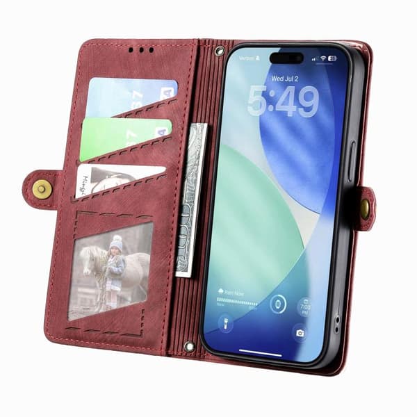 iPhone 17 Pro Max Skal läderfodral med geometrisk dragkedja och sidobuckle Röd