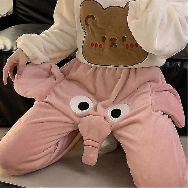 Elefanttrunk 3D Flanell Pyjamasbyxor Herr Dam Rolig Tecknad Varm Sovkläder Pink Elephant 2XL