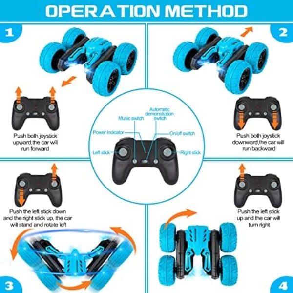 Highttoy RC Stuntbil 4WD 360° Flip - Musikk/Lys, 2 Batterier for Barn 3-11 År (Gul) blå -