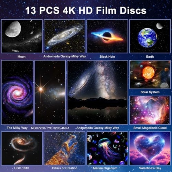 Galaxy 4K Projektor med 13 Filmdisker & Roterbar Nebula - Timer/Meteor-effekt Black -