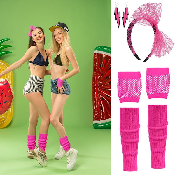 80-luvun Neon Party -vaatteet ja asusteet, 1980-luvun retroteemainen juhlapukeutuminen naisille ja tytöille, mukana laukku - Rose Red With bag - Rose Red One size