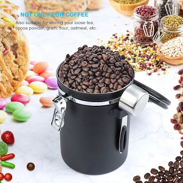 Lufttät kaffeburk - Kaffebönbehållare med CO2-ventil - med mätsked - 1,8 L (svart)(FQ)