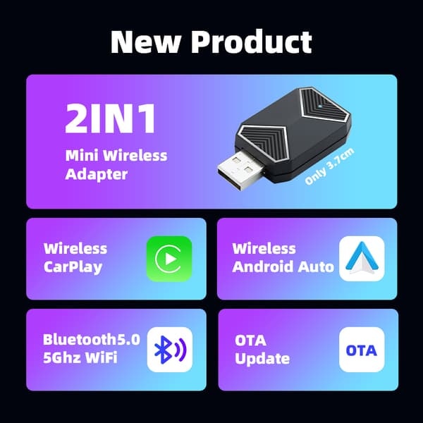 Trådløs CarPlay & Android Auto Adapter 2025 – Enkel Plug & Play, Rask Tilkobling, Passer iPhone & Android