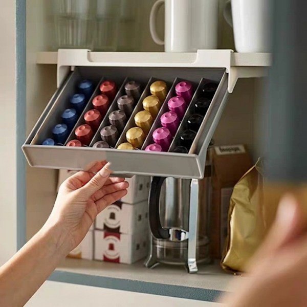 Kaffekapselhållare för under hyllan, platsbesparande låda, 30 st, lämplig för kapslar i originalstil